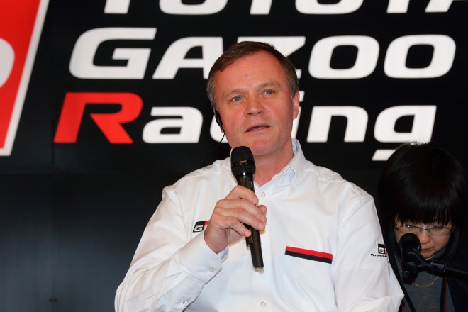 2月4日に行われたトヨタの2016年モータースポーツ活動発表会に出席したトミ・マキネン。この発表会では、ドライバーに関して言及しなかった。