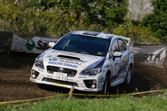 SS2でコースアウトし、戦線離脱を余儀なくされた勝田範彦／石田裕一（スバルWRX STI）
