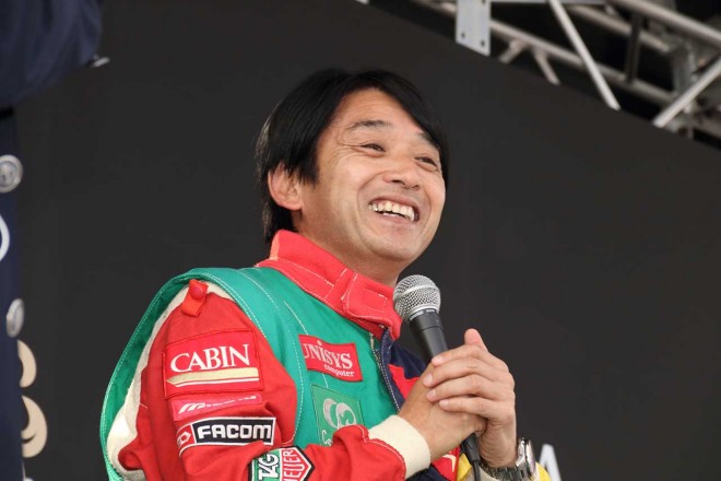 マシントラブルでデモ走行参加は叶わなかった片山右京もトークショーに登場。