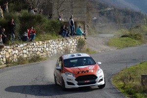 上位走行中にデイリタイアした勝田貴元／マルコ・サルミネン（フォード・フィエスタR2）