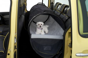 サイズ調整可能な「ペットチューブ」を使えば、飼い主と愛犬がリヤシートをシェアすることも可能