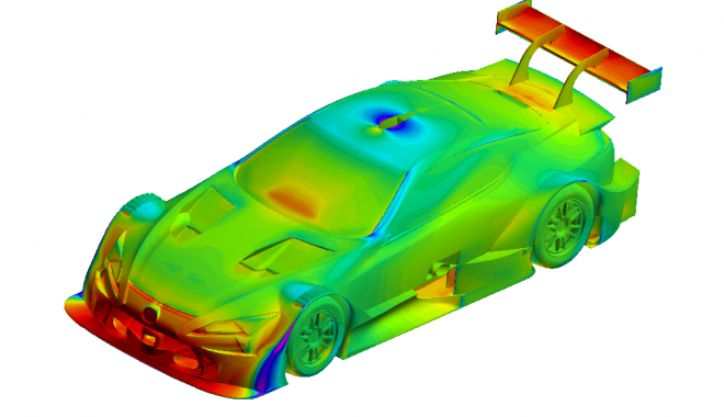 レクサスLC500の空力検討CFD画像。RC Fよりも空力中心が前進しているという。