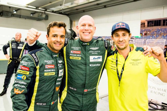 アストンマーチン・レーシングのペドロ・ラミー（左）、ポール・ダラ-ラナ（中央）、マティアス・ラウダ（右）