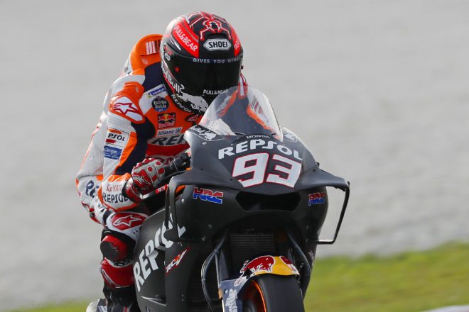 新型空力カウルを装着して走るマルク・マルケス（ホンダ）