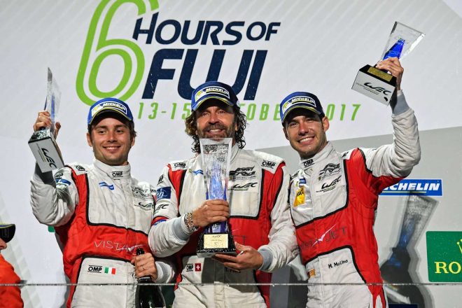2017WEC第7戦富士で優勝したフランチェスコ・カステラッチ（左）、トーマス・フロー（中央）、ミゲル・モリーナ（右）