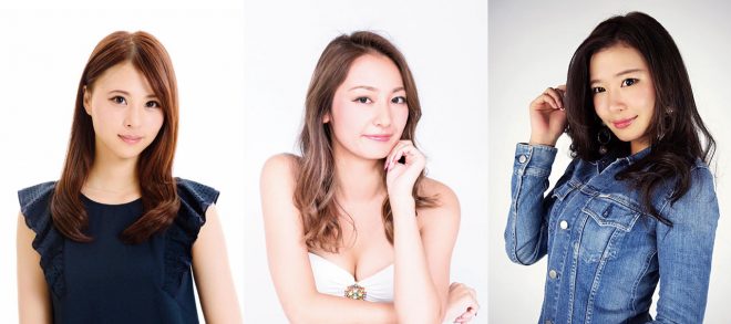 2018年、『WedsSport Racing Gals』を務める山本成美さん（左）、近藤みやびさん（中央）、小山桃さん（右）