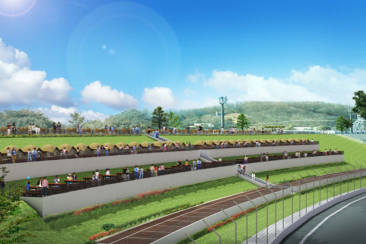 ツインリンクもてぎに新たに誕生するグループ観戦エリア『ビクトリーコーナーテラス』は全4段の構成