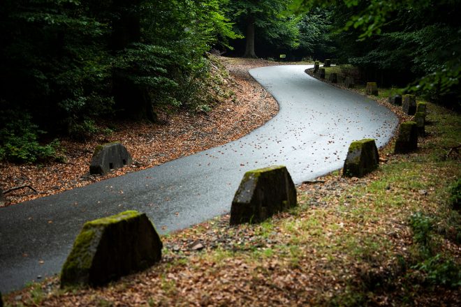 コース脇には戦車用の縁石“ヒンケルシュテイン”が置かれているセクションも