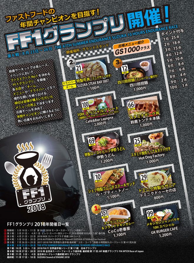 鈴鹿10時間のFF1グランプリ、GS1000クラスのメニュー