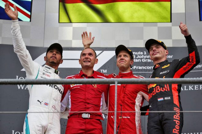 2018年F1第13戦ベルギーGP　セバスチャン・ベッテル、ルイス・ハミルトン、マックス・フェルスタッペン