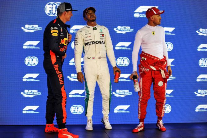 2018年F1第15戦シンガポールGP　ポールポジションを獲得したルイス・ハミルトン、2番手マックス・フェルスタッペン、3番手セバスチャン・ベッテル