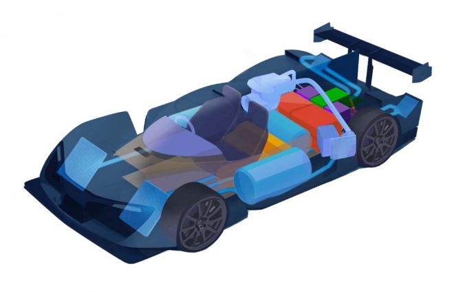 GreenGT LMPH2Gの透過イメージ。車両サイドに水素タンク、後方にフューエルセル、モーター、ギアボックスを搭載する