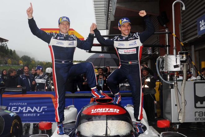 今季初優勝を飾ったユナイテッド・オートスポーツのフィリップ・ハンソン／フィリペ・アルバカーキ組