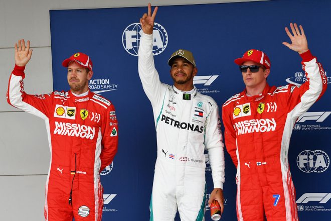 2018年F1第18戦アメリカGP　予選　ポール：ルイス・ハミルトン、2番手：セバスチャン・ベッテル、3番手：キミ・ライコネン
