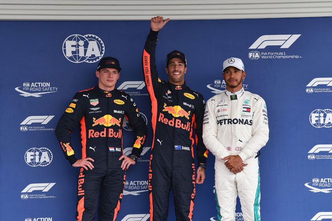 2018年F1第19戦メキシコGP予選　PP:ダニエル・リカルド、2番手マックス・フェルスタッペン、3番手ルイス・ハミルトン