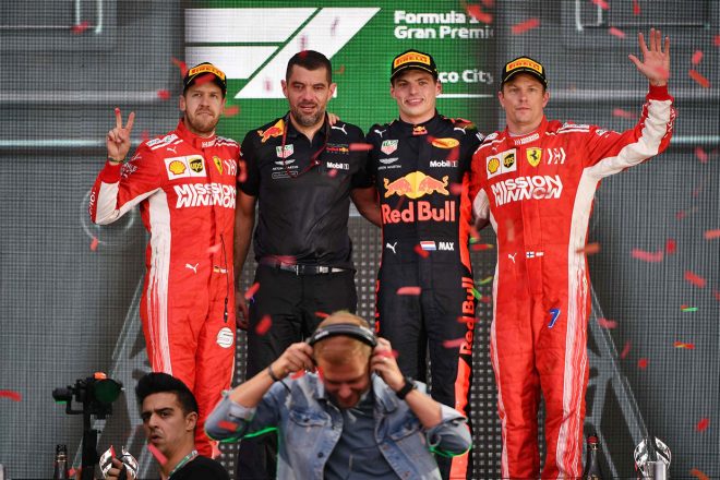 2018年F1第19戦メキシコGP　優勝マックス・フェルスタッペン、2位セバスチャン・ベッテル、3位キミ・ライコネン
