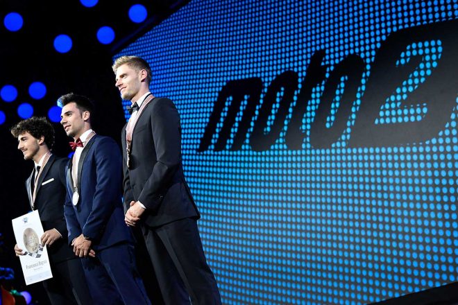 Moto2年間トップ3。チャンピオンのバニャイア（左）、2位のオリベイラ（中央）、3位のビンダー（右）