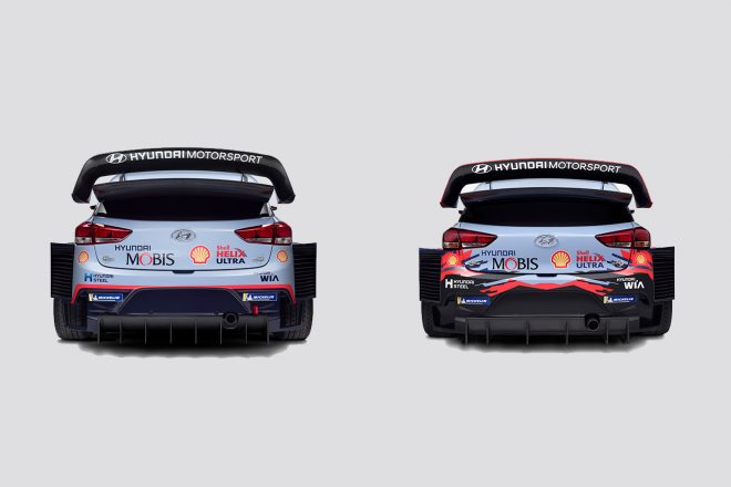 2018年型と2019年型のリヤショットを並べたもの。左が2018年型、右が2019年型で、リヤディフューザーフィンの枚数が減っていることが分かる