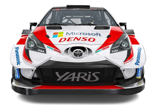 2019年仕様のトヨタ・ヤリスWRC。2018年型からDENSOロゴの位置やPanasonicのロゴが入るフロント部分のカラーが変わっている