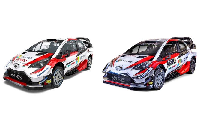 2018年型と2019年型のトヨタ・ヤリスWRCを並べたもの。左が2019年仕様、右が2018年仕様