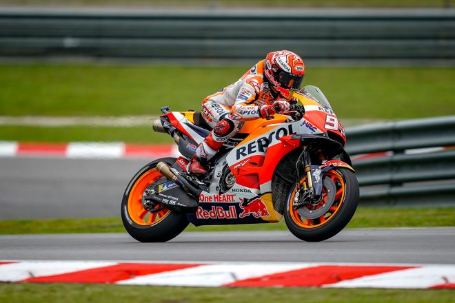 2018年のホンダRC213Vにはカーボン製と見られるスイングアームがしばしば登場した