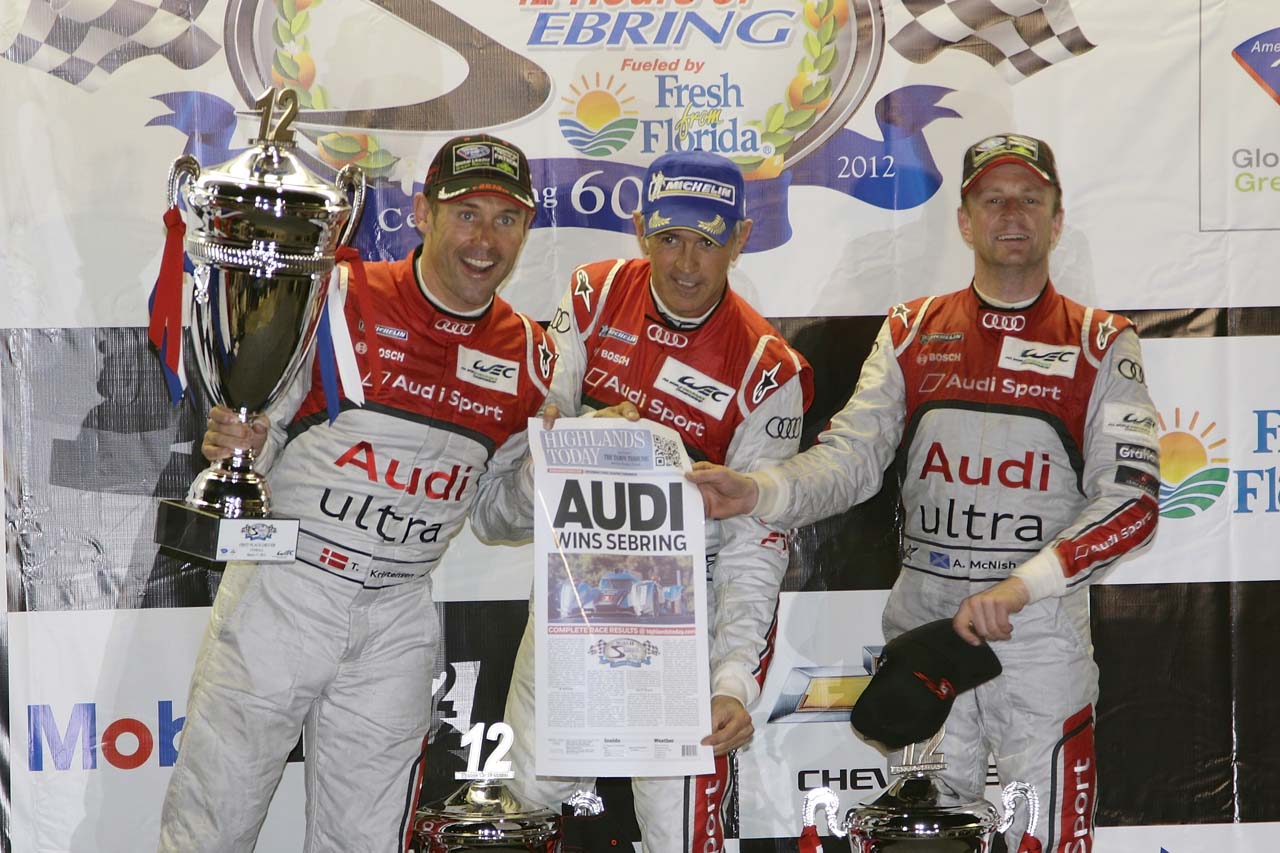 2012年のセブリング12時間で総合優勝を飾った（左から）トム・クリステンセン、ディンド・カペッロ、アラン・マクニッシュ組