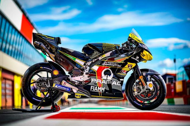 ランボルギーニカラーが施されたフランセスコ・バニャイアのデスモセディチGP