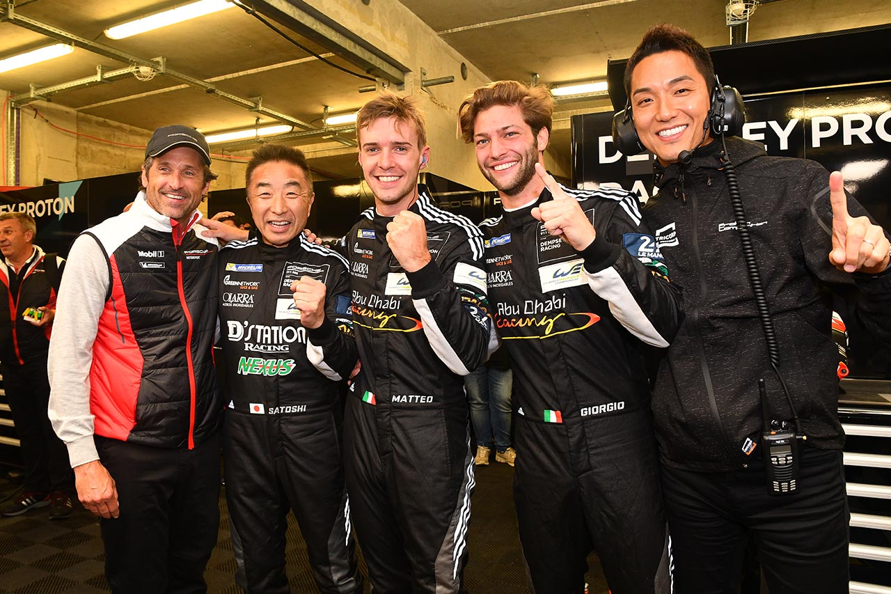 LM-GTE Amクラスのポールポジションを獲得したデンプシー・プロトン・レーシングの星野敏／ジョルジオ・ローダ／マッテオ・カイローリ組とパトリック・デンプシー、星野のアドバイザーを務める藤井誠暢