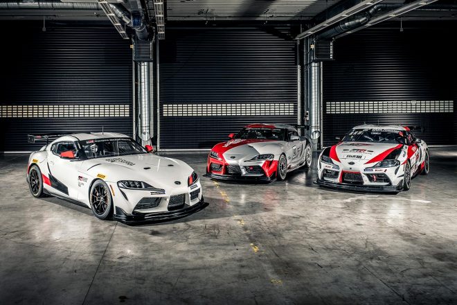 GRスープラGT4（左）とGRスープラGT4コンセプト（中）、ニュル24時間参戦のGRスープラ（右）。同じ流れの中で開発されたものと分かる。