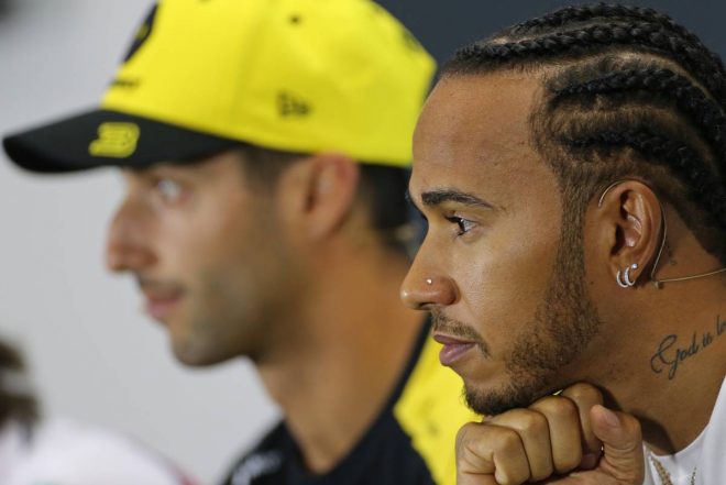 2019年F1第10戦イギリスGP木曜会見に出席するルイス・ハミルトン（メルセデス）