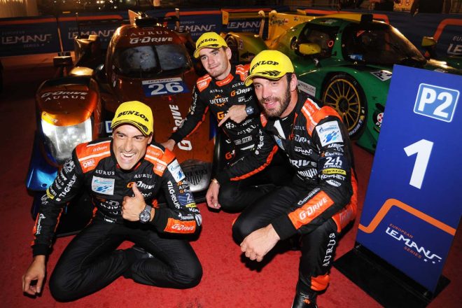 優勝したGドライブ・レーシング。上から時計回りにヨブ・バン・ウィタート、ジャン-エリック・ベルニュ、ロマン・ルシノフ