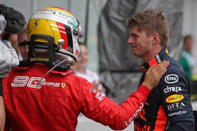 2019年F1第11戦ドイツGP　マックス・フェルスタッペン（レッドブル・ホンダ)、セバスチャン・ベッテル（フェラーリ）