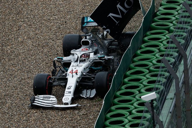 2019年F1第11戦ドイツGP決勝、クラッシュでフロントウイングを失ってしまったルイス・ハミルトン（メルセデス）