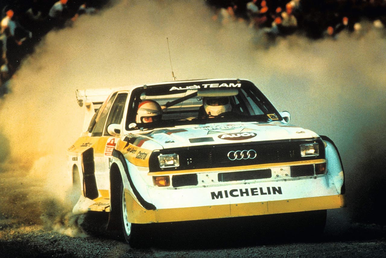 WRCに四輪駆動の技術革新をもたらしたアウディ・クワトロ。写真は1985年のスポーツクワトロS1