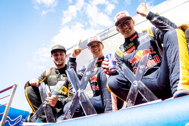 世界ラリークロス第8戦フランスで表彰台に上がったドライバーたち