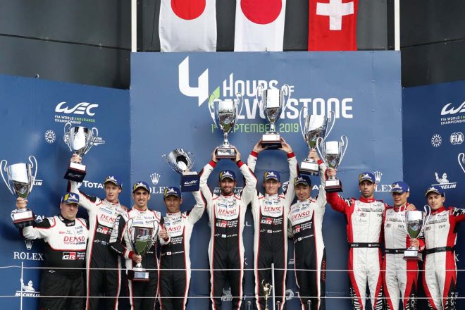 WEC第1戦シルバーストンの表彰台に立ったTOYOTA GAZOO Racingの7号車と8号車のドライバーたち