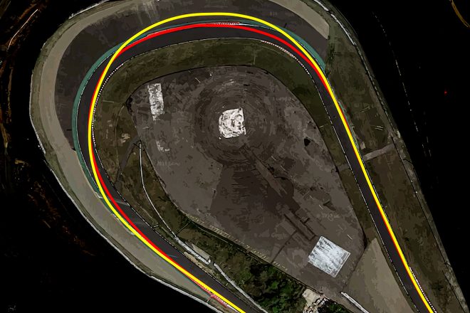 鈴鹿サーキットのスプーン。赤が通常の走行ライン、黄色が鈴鹿10時間で海外勢がトライしたラインのイメージ。