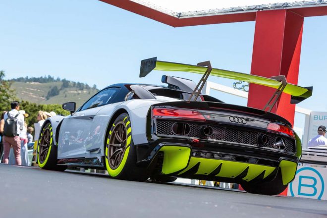 アウディR8 LMS GT2のリヤ。同じR8ベースのFIA-GT3カーと比べてエアロパーツは控えめだ。