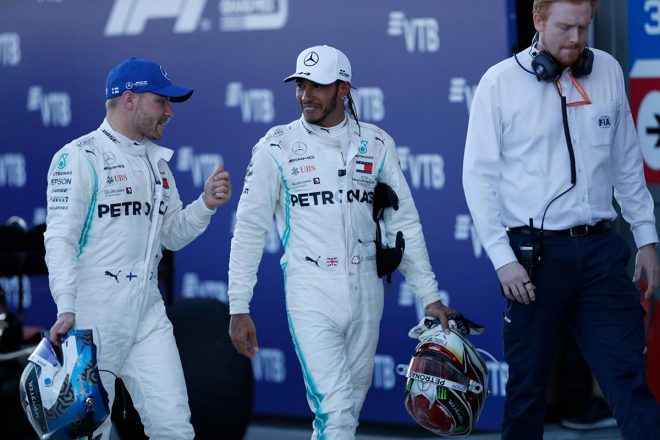 2019年F1第16戦ロシアGP　優勝したルイス・ハミルトンと２位のバルテリ・ボッタス