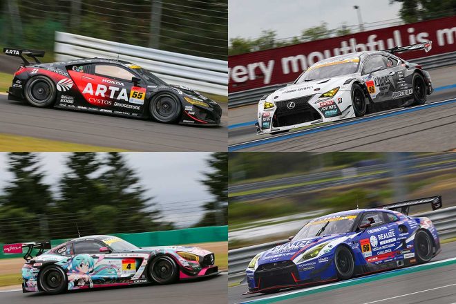 2019年のスーパーGT GT300クラスの王座を争うARTA NSX GT3、K-tunes RC F GT3、グッドスマイル 初音ミク AMG、リアライズ 日産自動車大学校 GT-R