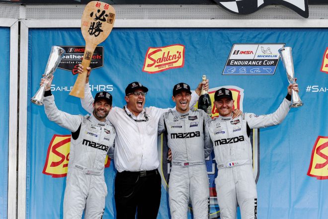 2019年シーズン第6戦ワトキンスグレンで初優勝を飾ったマツダチーム・ヨースト。ジョン・ドゥーナン氏はドライバー以上に喜びを爆発させた。