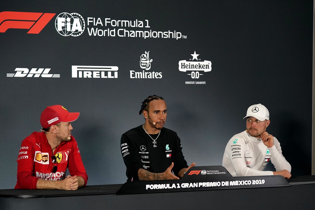 2019年F1第18戦メキシコGP　決勝後記者会見でのルイス・ハミルトン（メルセデス）、セバスチャン・ベッテル（フェラーリ）、バルテリ・ボッタス（メルセデス）