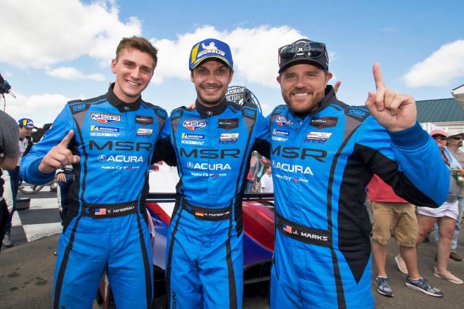2019年IMSA第6戦ワトキンスグレンでクラス優勝を飾ったマイヤー・シャンク・レーシングの（左から）トレント・ハインドマン、マリオ・ファーンバッハー、ジャスティン・マークス