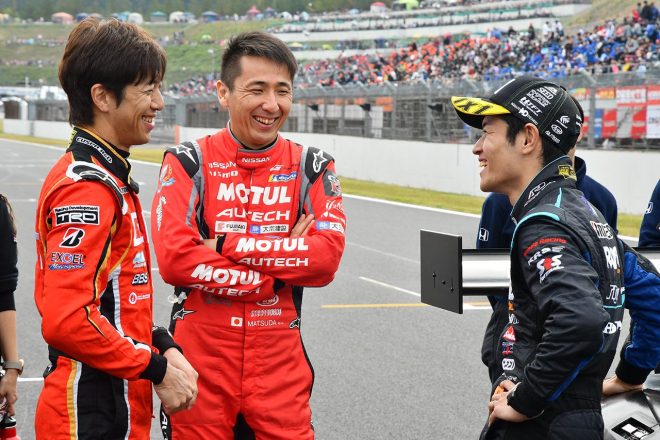 ツインリンクもてぎでデモランした3台のクラス1車両をドライブした立川祐路、松田次生、山本尚貴