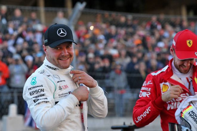 ポールポジションを獲得し喜ぶボッタスさん