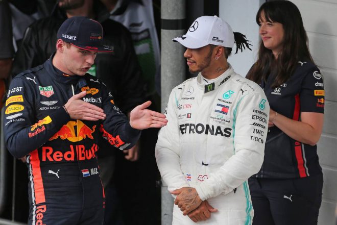 2019年F1第20戦ブラジルGP　マックス・フェルスタッペン（レッドブル・ホンダ）、ルイス・ハミルトン（メルセデス）