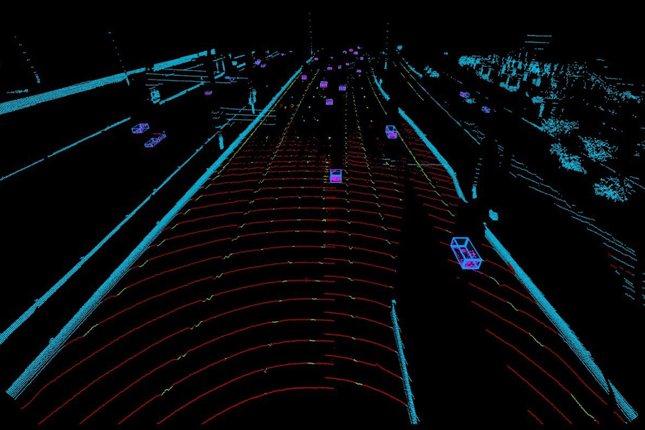 LiDARを使用し、高速道路をレーザー光を発して3Dスキャンしたイメージ