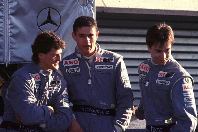 メルセデスジュニアチームとしてWSPCに参戦したミハエル・シューマッハー（左）、カール・ベンドリンガー（中）、ハインツ-ハラルド・フレンツェン（右）
