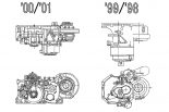 童夢提供によるNSXの新旧ギヤボックス比較図面（autosport特別編集『NSX-GT 1997-2009』掲載）。左側が進行方向。上面視（上側図面）すると、車体左右方向（図面の上下方向）の「スリム化」がよく分かる。