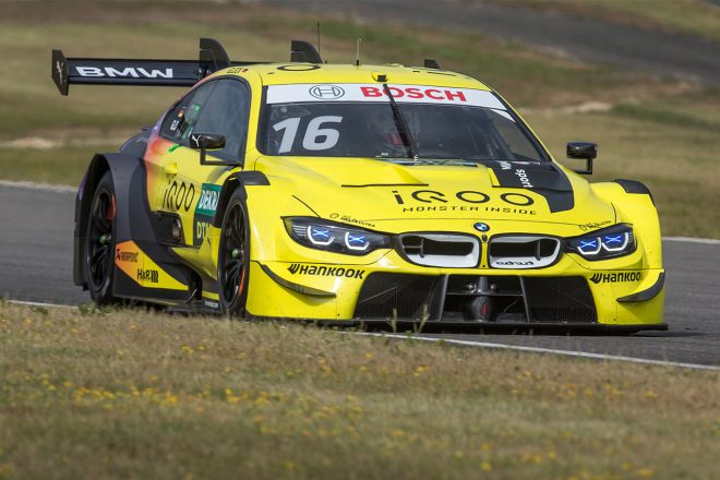 マルコ・ウィットマンがドライブするティモ・グロック車のBMW M4 DTM。リヤウイングステーに『HYLOデバイス』が装着される。